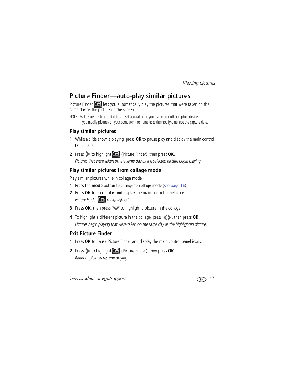 Picture finder—auto-play similar pictures, Play similar pictures, Play similar pictures from collage mode | Exit picture finder | Kodak P86 User Manual | Page 23 / 47