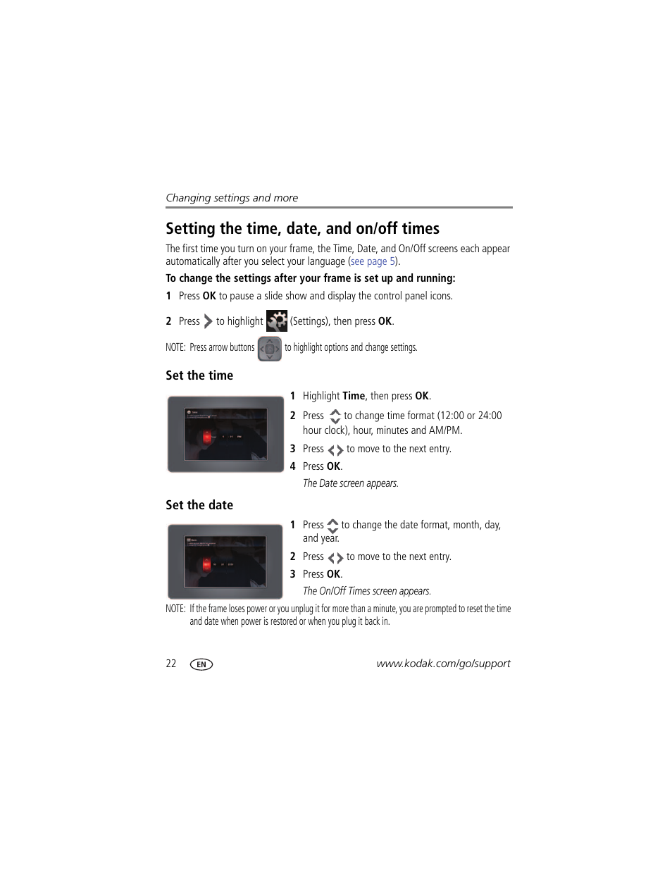 Setting the time, date, and on/off times, Set the time, Set the date | Kodak P86 User Manual | Page 28 / 47