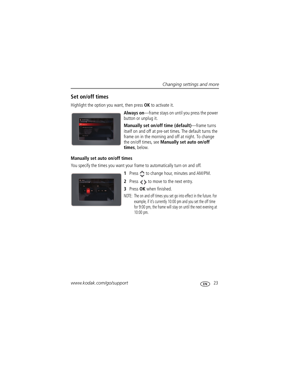 Set on/off times, Manually set auto on/off times | Kodak P86 User Manual | Page 29 / 47