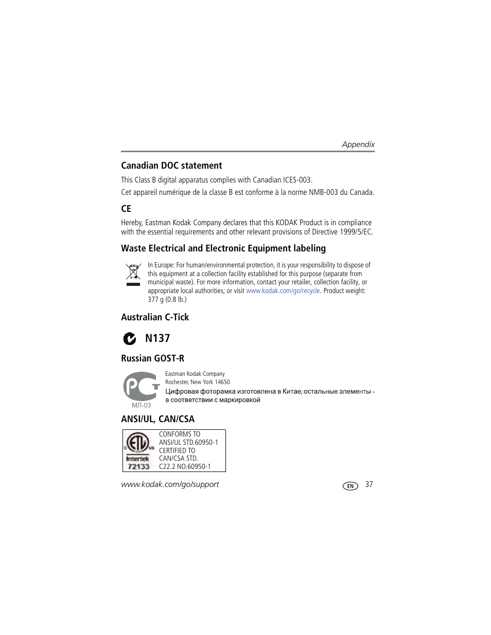 Canadian doc statement, Waste electrical and electronic equipment labeling, Australian c-tick | Russian gost-r, Ansi/ul, can/csa, N137 | Kodak P86 User Manual | Page 43 / 47