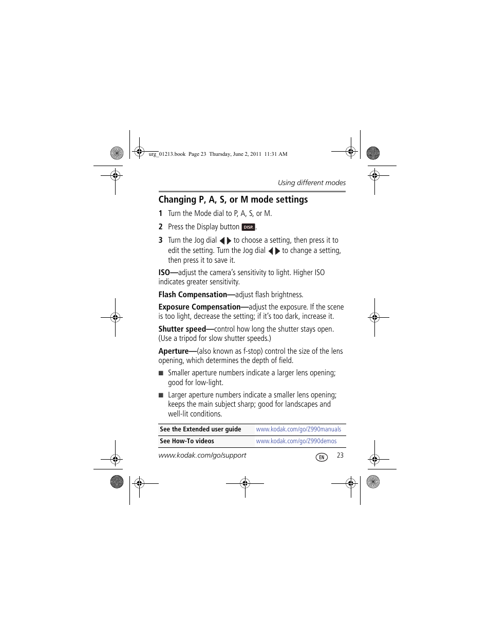 Changing p, a, s, or m mode settings | Kodak MAX Z990 User Manual | Page 23 / 28