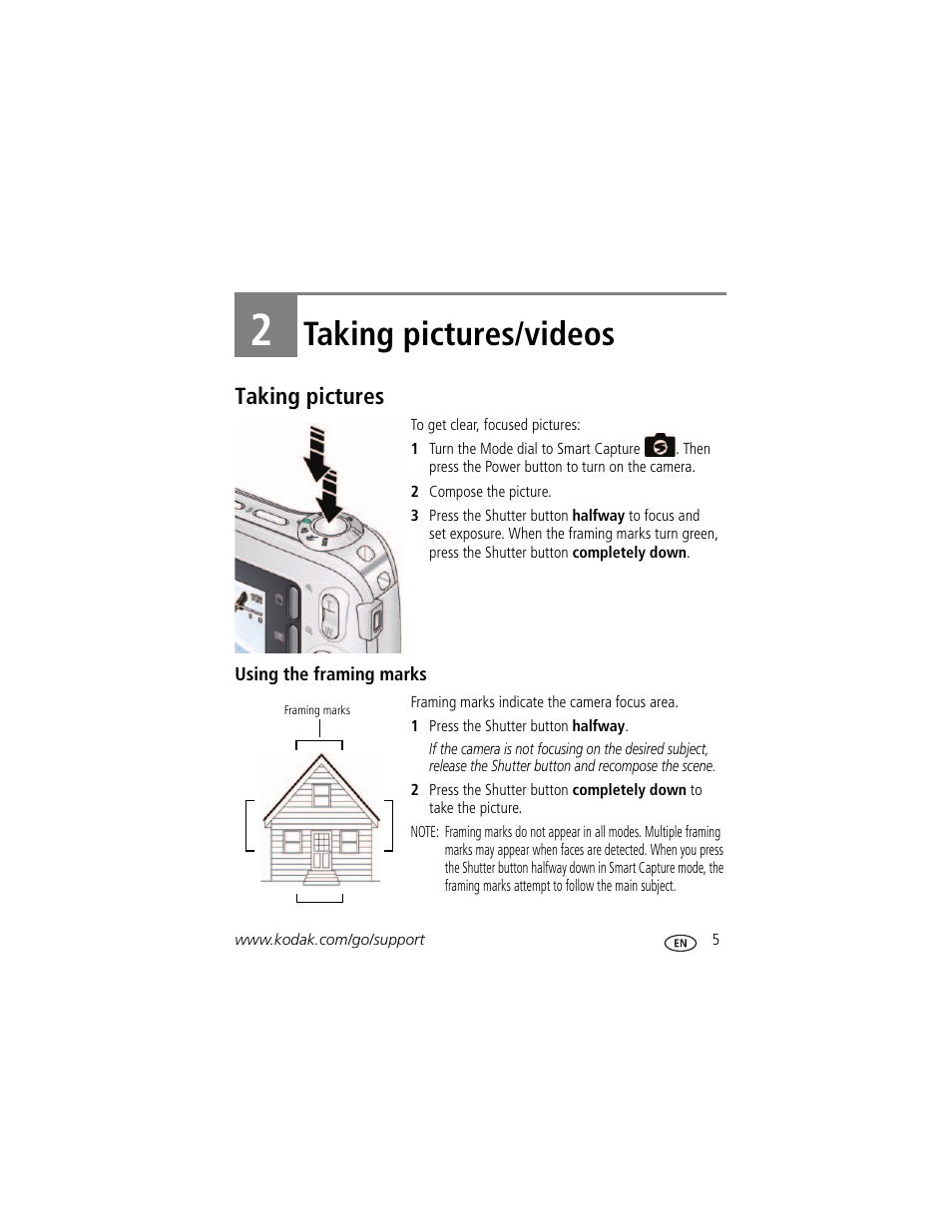 Taking pictures/videos, Taking pictures, Using the framing marks | 2 taking pictures/videos | Kodak CD90 User Manual | Page 11 / 64