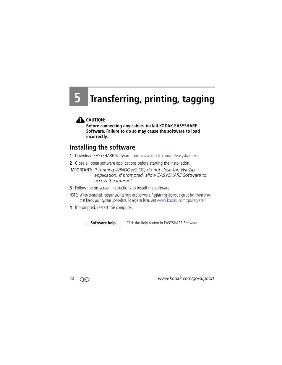 Transferring, printing, tagging, Installing the software, 5 transferring, printing, tagging | Kodak CD90 User Manual | Page 36 / 64