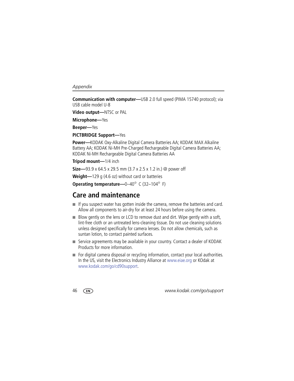 Care and maintenance | Kodak CD90 User Manual | Page 52 / 64