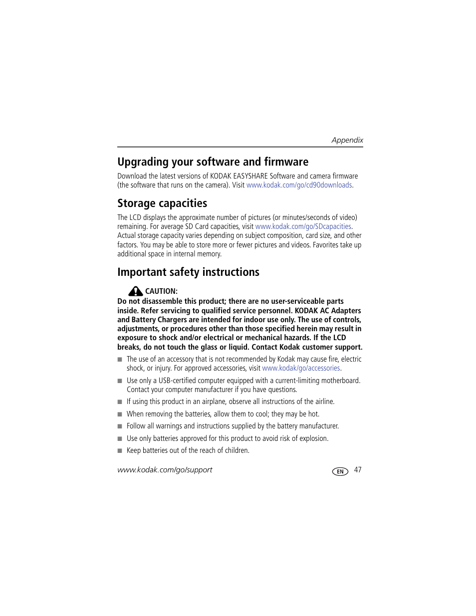 Upgrading your software and firmware, Storage capacities, Important safety instructions | Kodak CD90 User Manual | Page 53 / 64