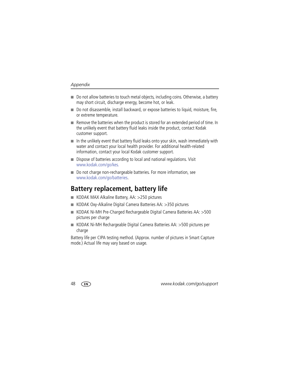 Battery replacement, battery life | Kodak CD90 User Manual | Page 54 / 64