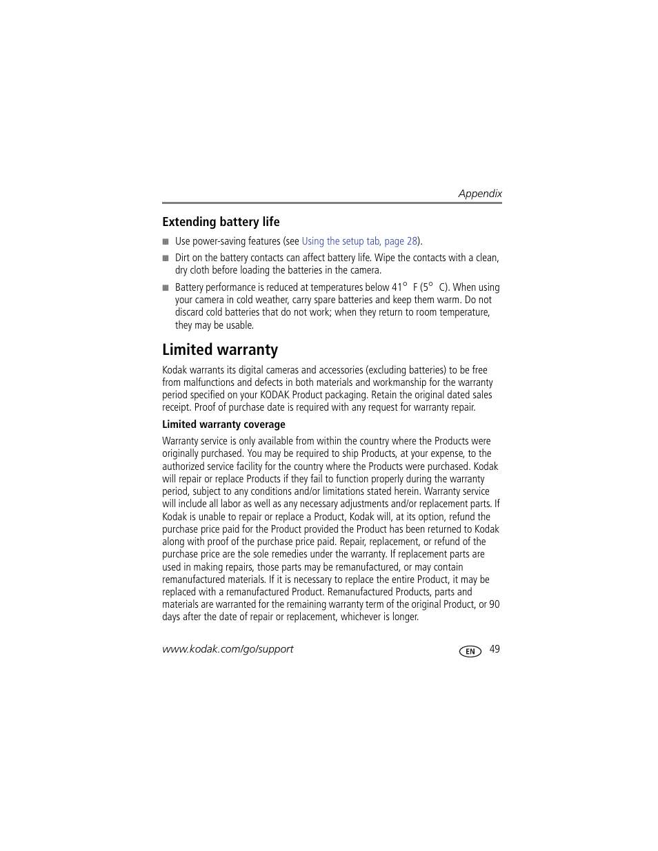 Extending battery life, Limited warranty | Kodak CD90 User Manual | Page 55 / 64