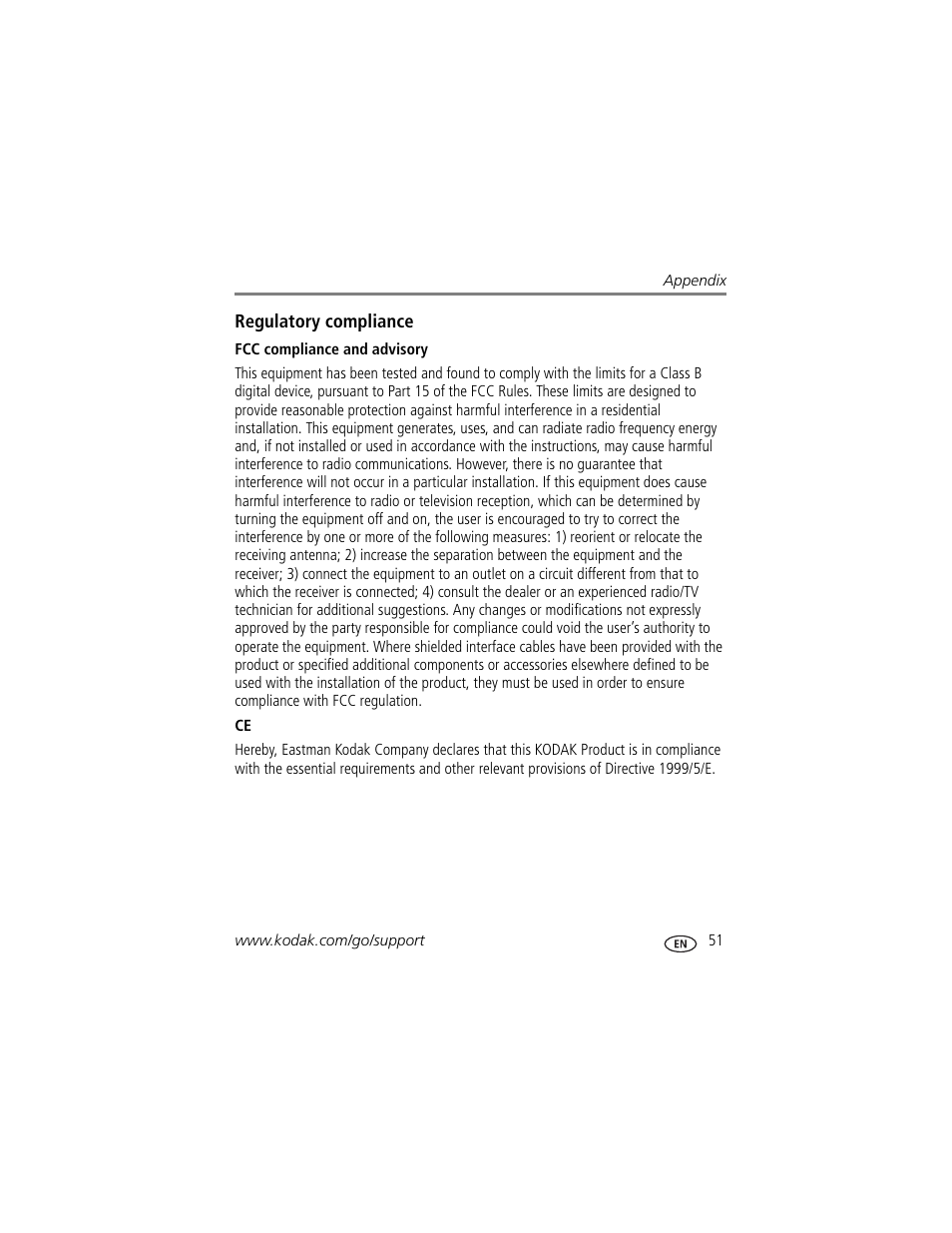 Regulatory compliance, Fcc compliance and advisory | Kodak CD90 User Manual | Page 57 / 64