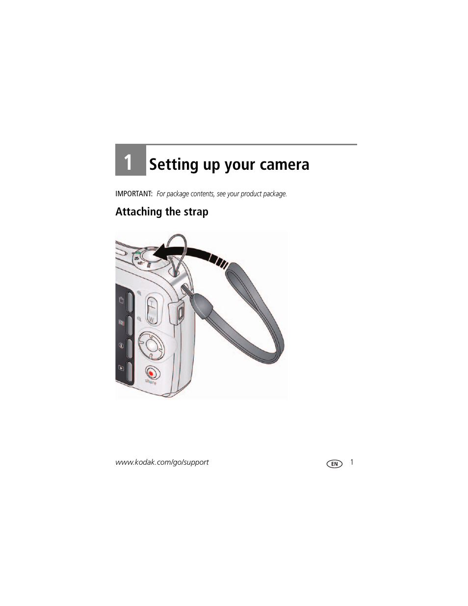 Setting up your camera, Attaching the strap, 1 setting up your camera | Kodak CD90 User Manual | Page 7 / 64