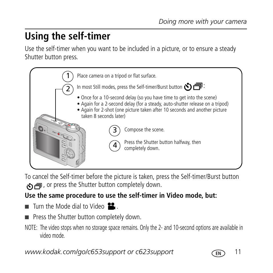 Using the self-timer | Kodak C623 User Manual | Page 11 / 27