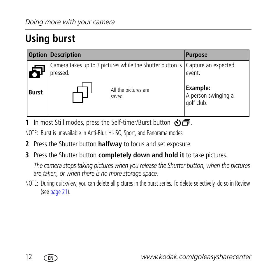 Using burst | Kodak C623 User Manual | Page 12 / 27