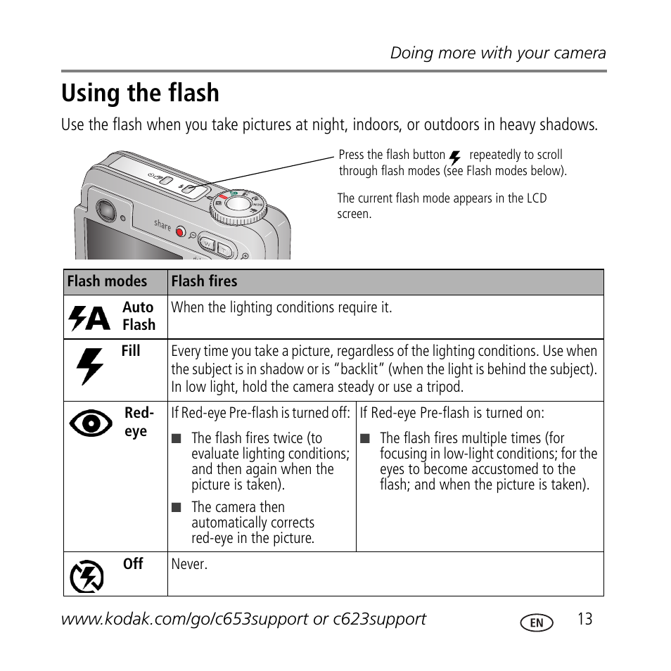 Using the flash | Kodak C623 User Manual | Page 13 / 27
