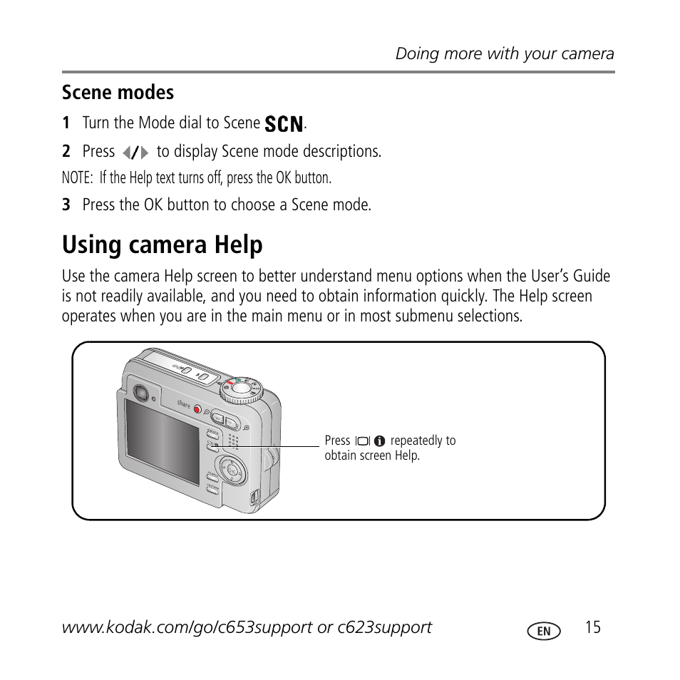 Using camera help, Scene modes | Kodak C623 User Manual | Page 15 / 27