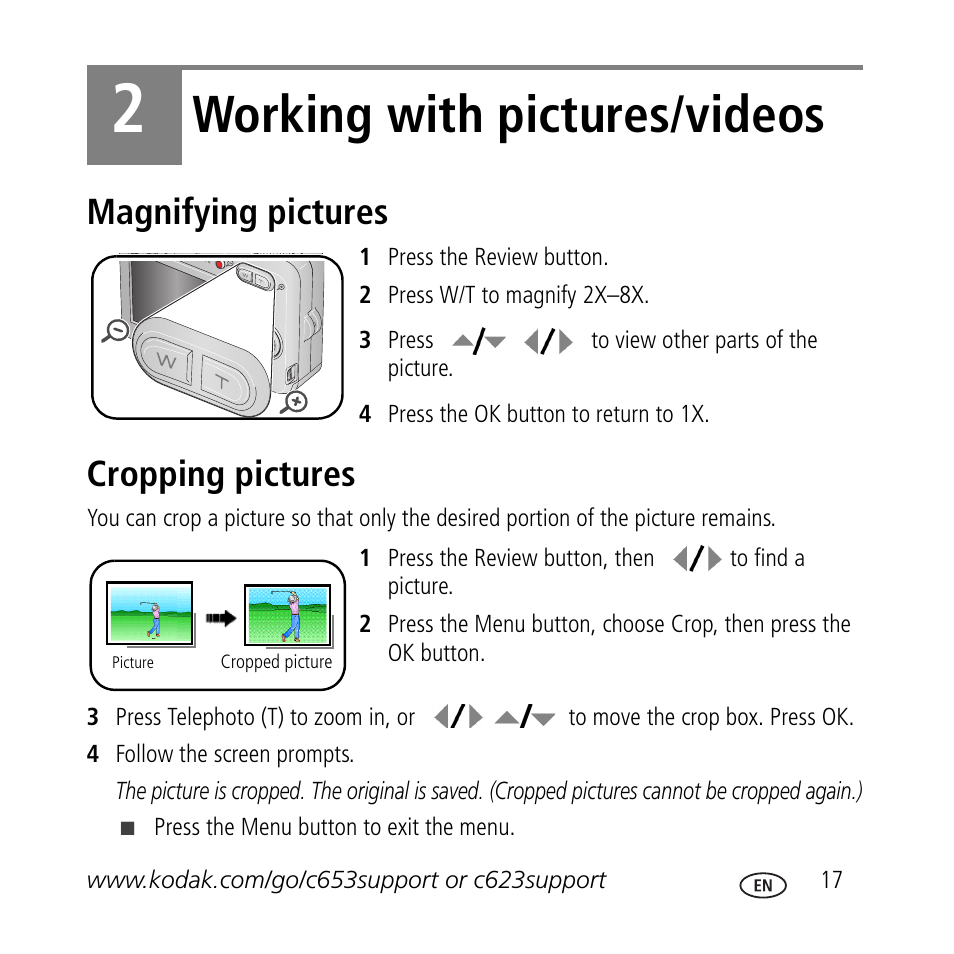 Working with pictures/videos, Magnifying pictures, Cropping pictures | Kodak C623 User Manual | Page 17 / 27