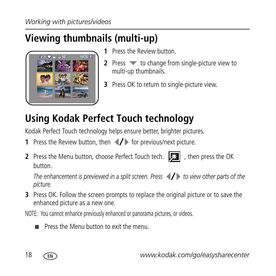 Viewing thumbnails (multi-up), Using kodak perfect touch technology | Kodak C623 User Manual | Page 18 / 27