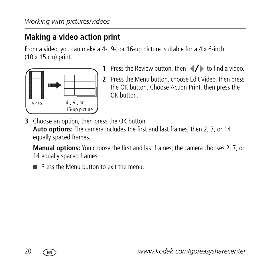 Making a video action print | Kodak C623 User Manual | Page 20 / 27