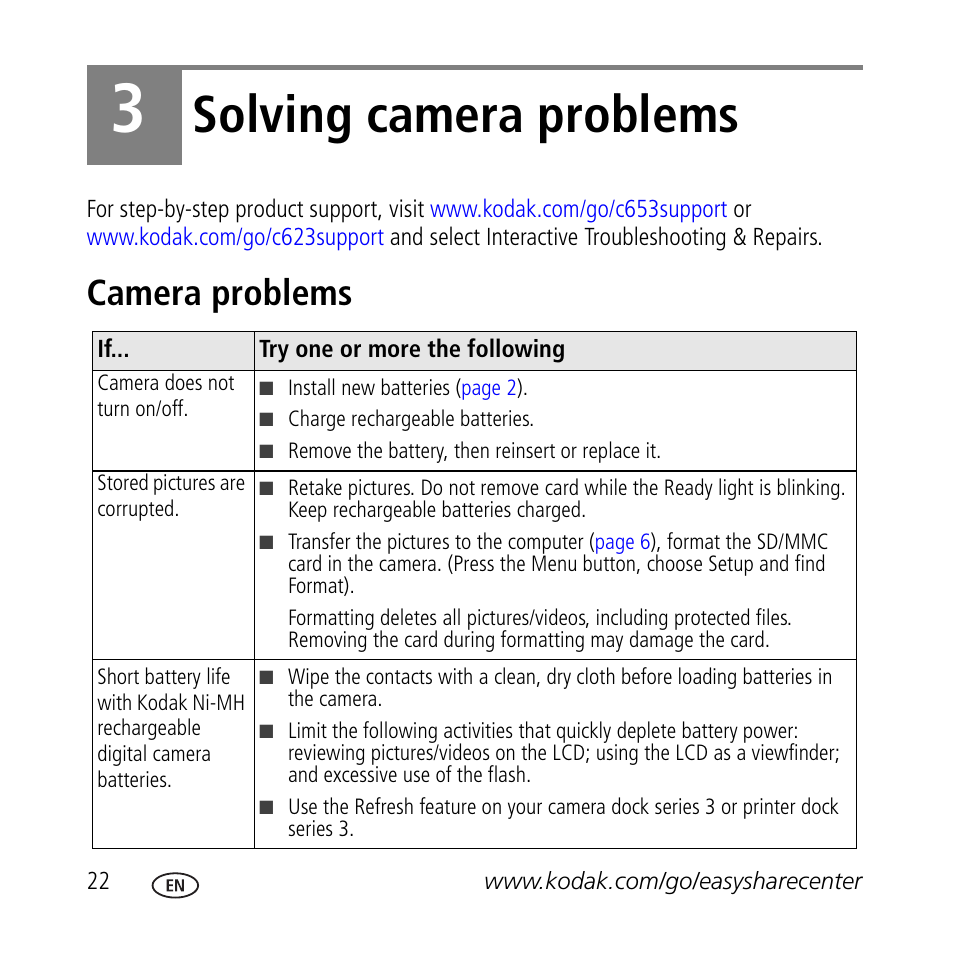 Solving camera problems, Camera problems | Kodak C623 User Manual | Page 22 / 27