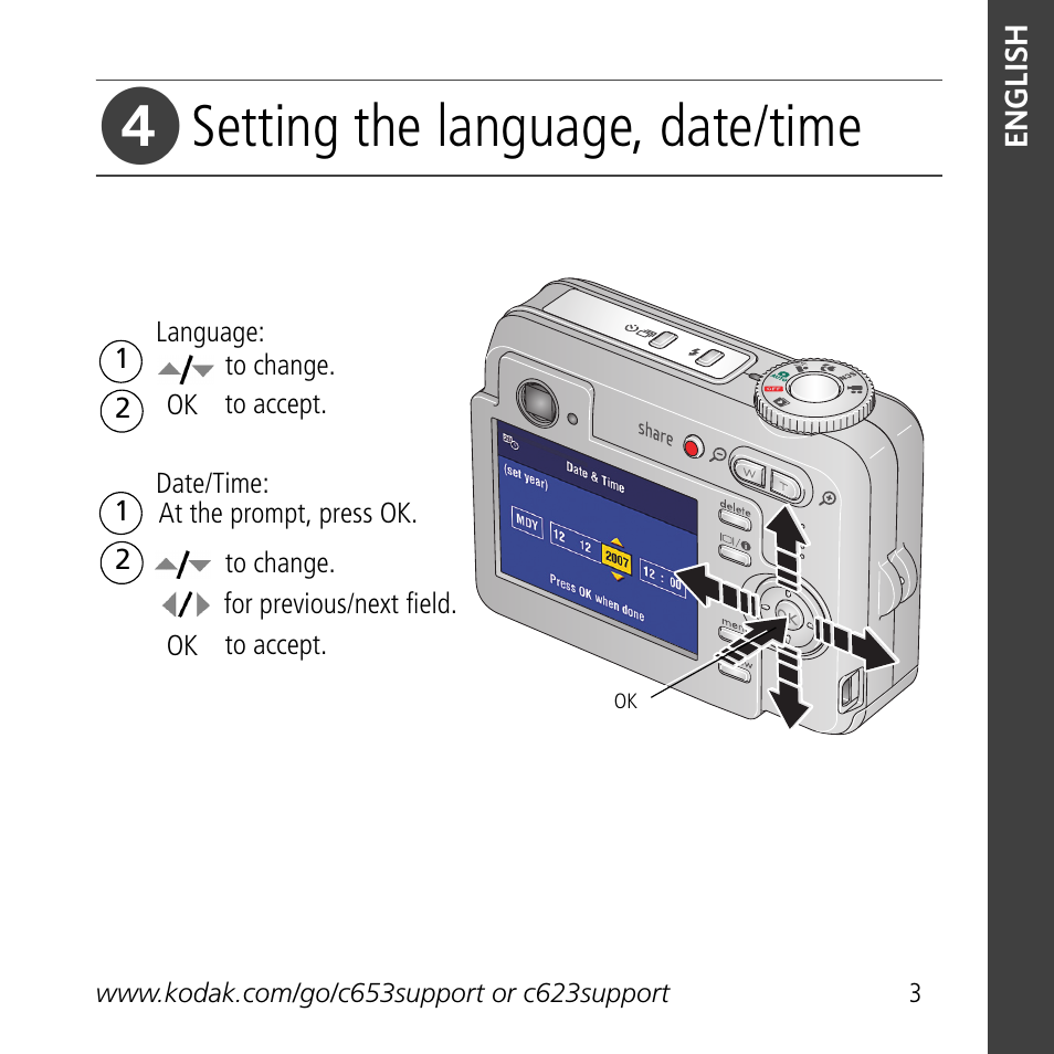 Setting the language, date/time | Kodak C623 User Manual | Page 3 / 27