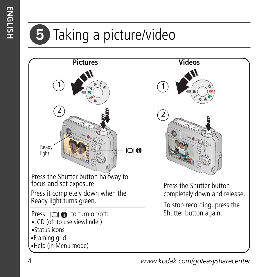 Taking a picture/video | Kodak C623 User Manual | Page 4 / 27
