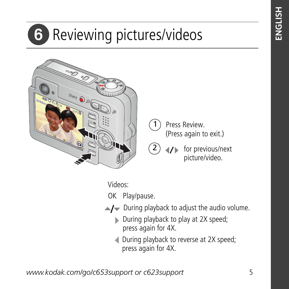 Reviewing pictures/videos | Kodak C623 User Manual | Page 5 / 27