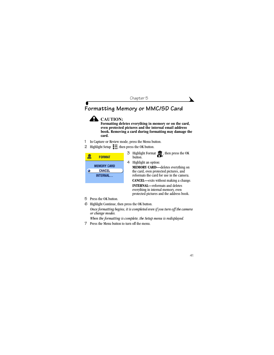 Formatting memory or mmc/sd card | Kodak CX4200 User Manual | Page 49 / 106