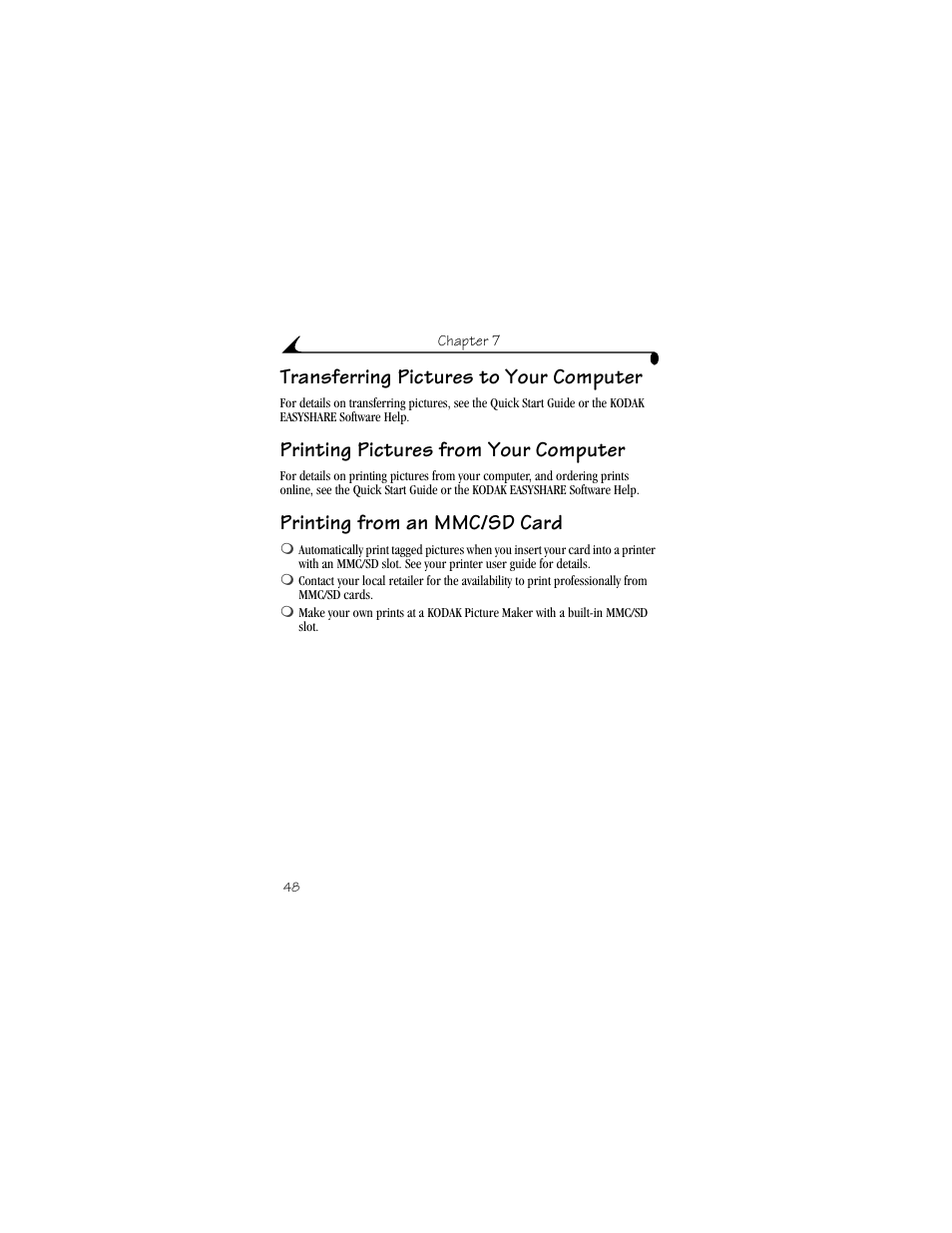 Transferring pictures to your computer, Printing pictures from your computer, Printing from an mmc/sd card | Kodak CX4200 User Manual | Page 56 / 106