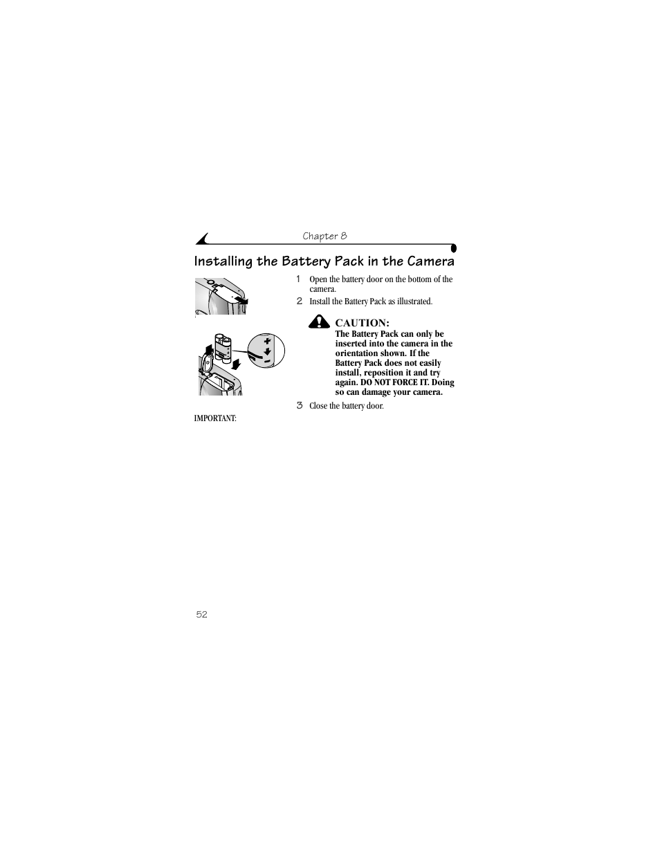 Installing the battery pack in the camera | Kodak CX4200 User Manual | Page 60 / 106