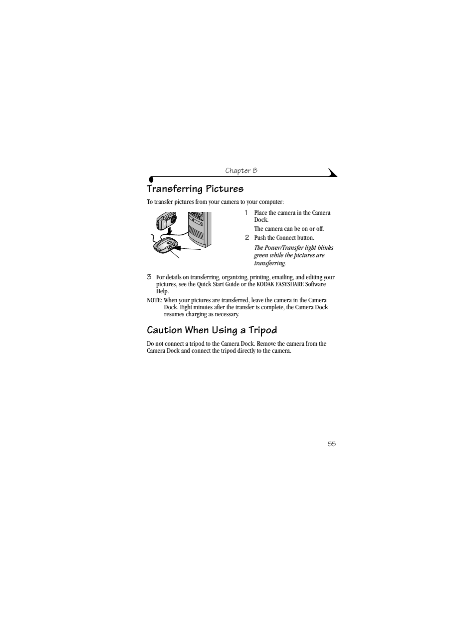 Transferring pictures, Caution when using a tripod | Kodak CX4200 User Manual | Page 63 / 106