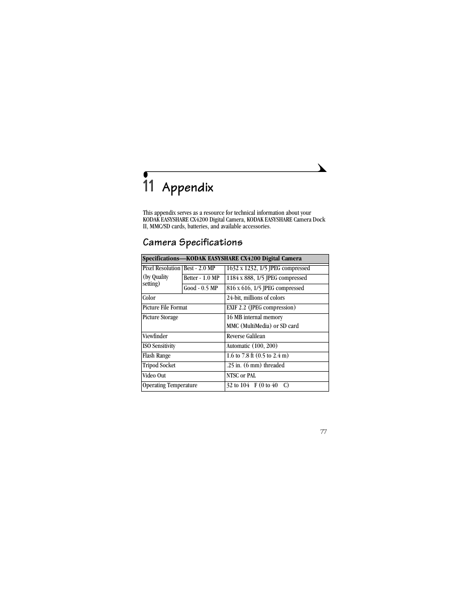 11 appendix, Camera specifications, Appendix | Kodak CX4200 User Manual | Page 85 / 106