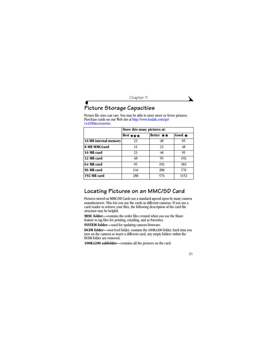Picture storage capacities, Locating pictures on an mmc/sd card | Kodak CX4200 User Manual | Page 89 / 106