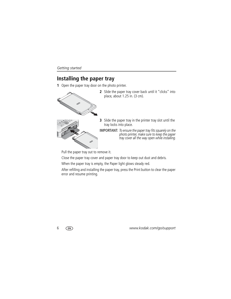 Installing the paper tray | Kodak 500 User Manual | Page 12 / 71