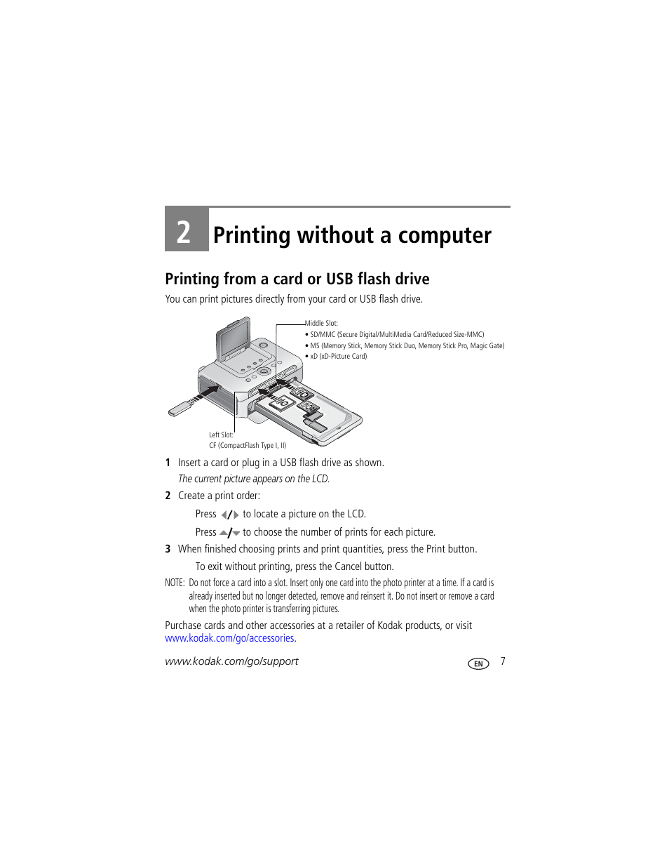 Printing without a computer, Printing from a card or usb flash drive, 2 printing without a computer | Kodak 500 User Manual | Page 13 / 71