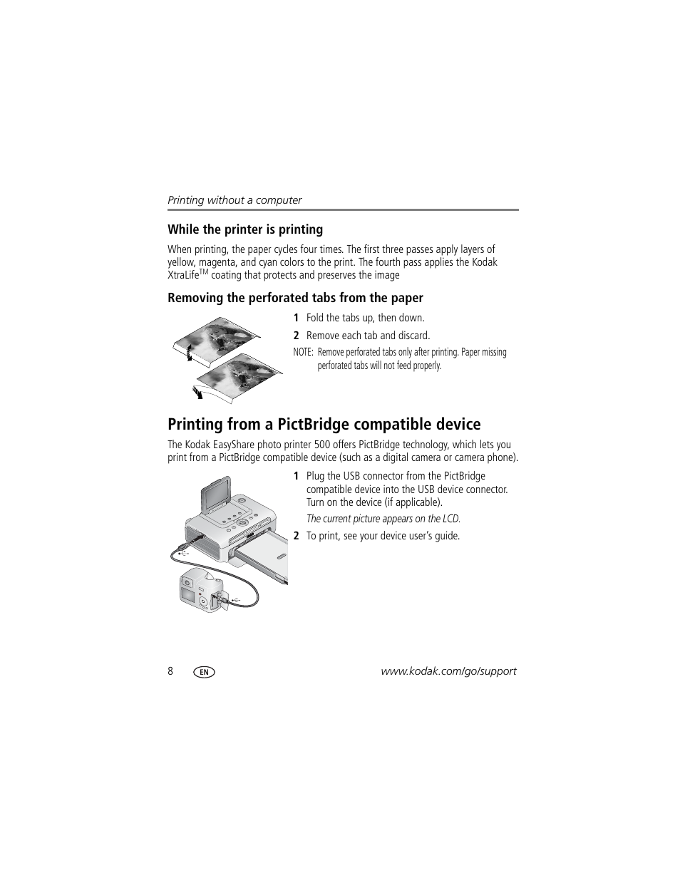 While the printer is printing, Removing the perforated tabs from the paper, Printing from a pictbridge compatible device | Kodak 500 User Manual | Page 14 / 71