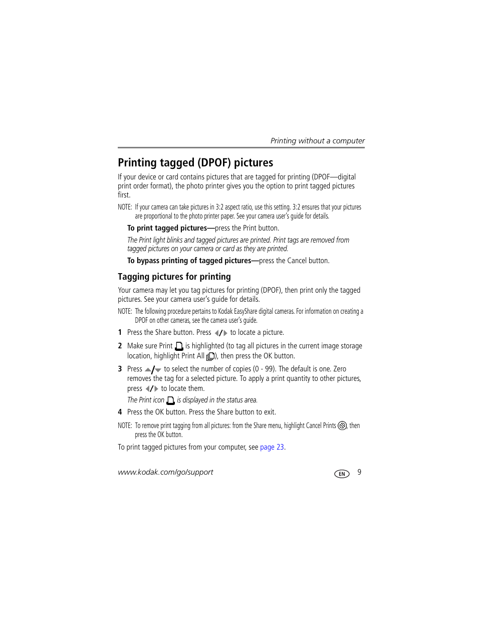 Printing tagged (dpof) pictures, Tagging pictures for printing | Kodak 500 User Manual | Page 15 / 71
