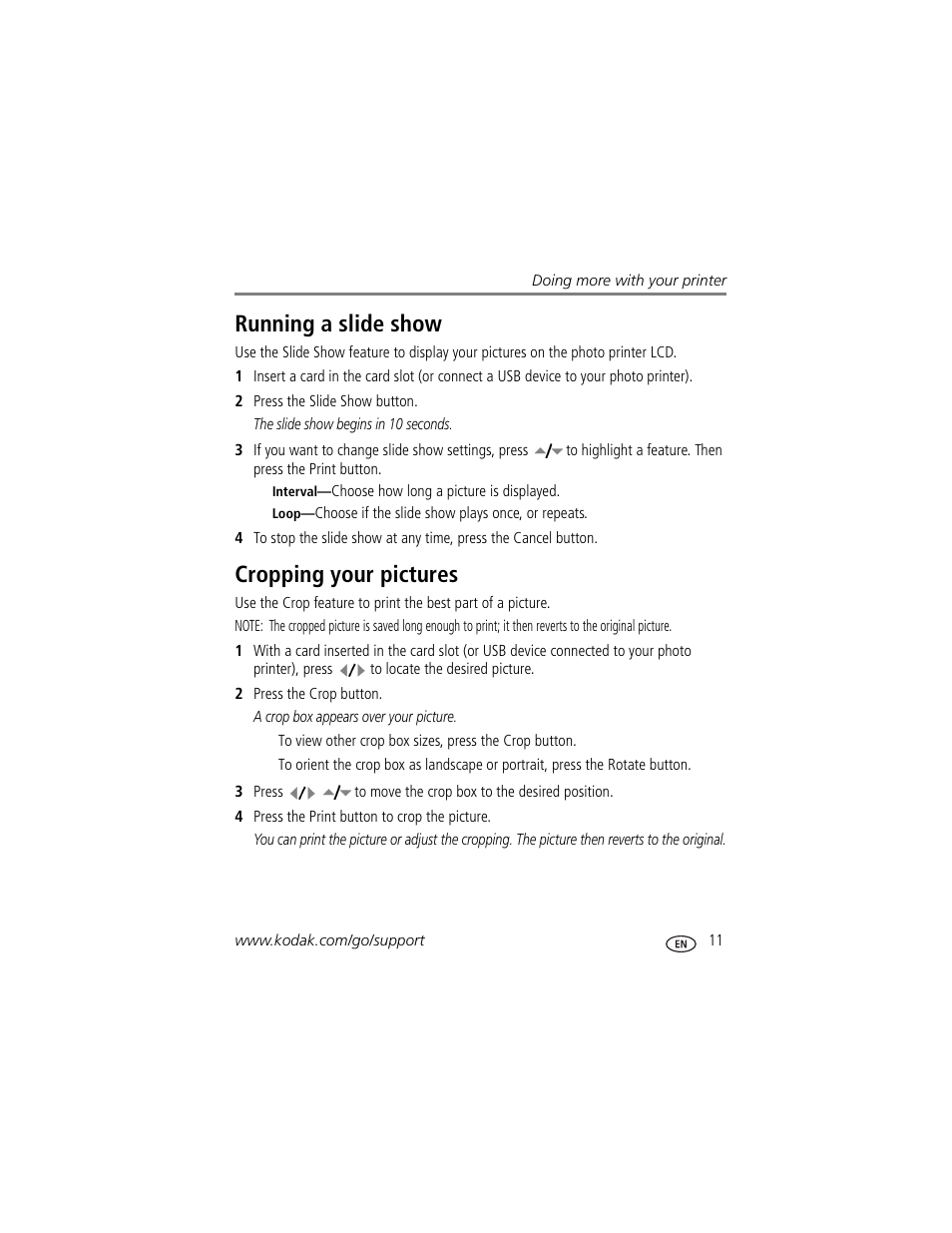 Running a slide show, Cropping your pictures, Running a slide show cropping your pictures | Kodak 500 User Manual | Page 17 / 71