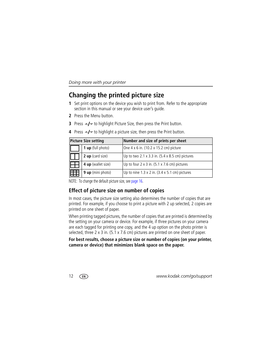 Changing the printed picture size, Effect of picture size on number of copies | Kodak 500 User Manual | Page 18 / 71