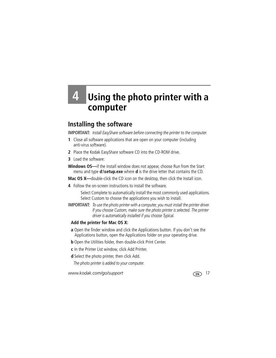 Using the photo printer with a computer, Installing the software, 4 using the photo printer with a computer | Kodak 500 User Manual | Page 23 / 71