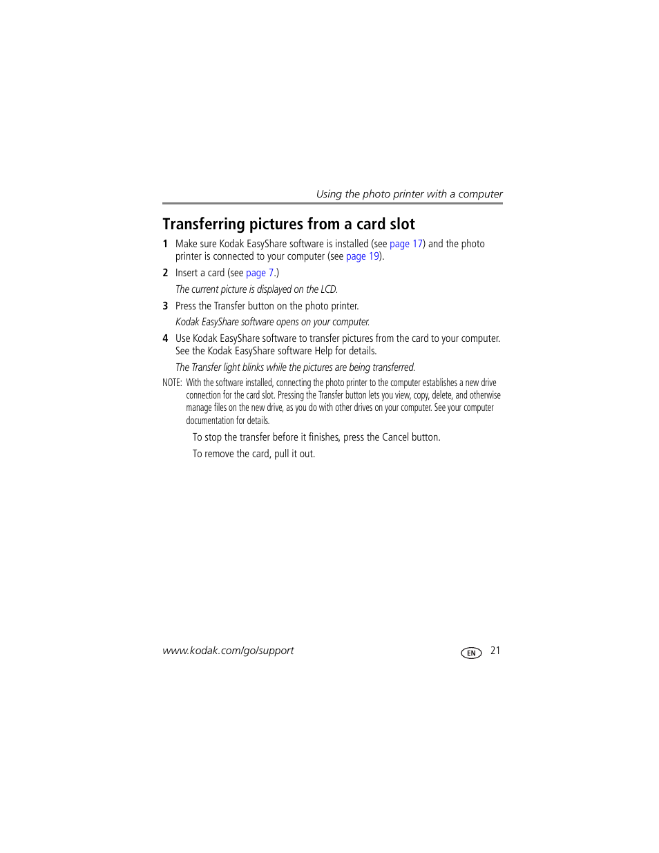Transferring pictures from a card slot | Kodak 500 User Manual | Page 27 / 71
