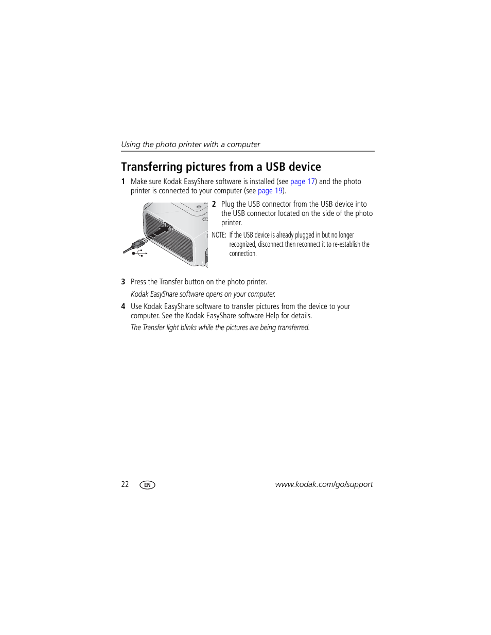 Transferring pictures from a usb device | Kodak 500 User Manual | Page 28 / 71