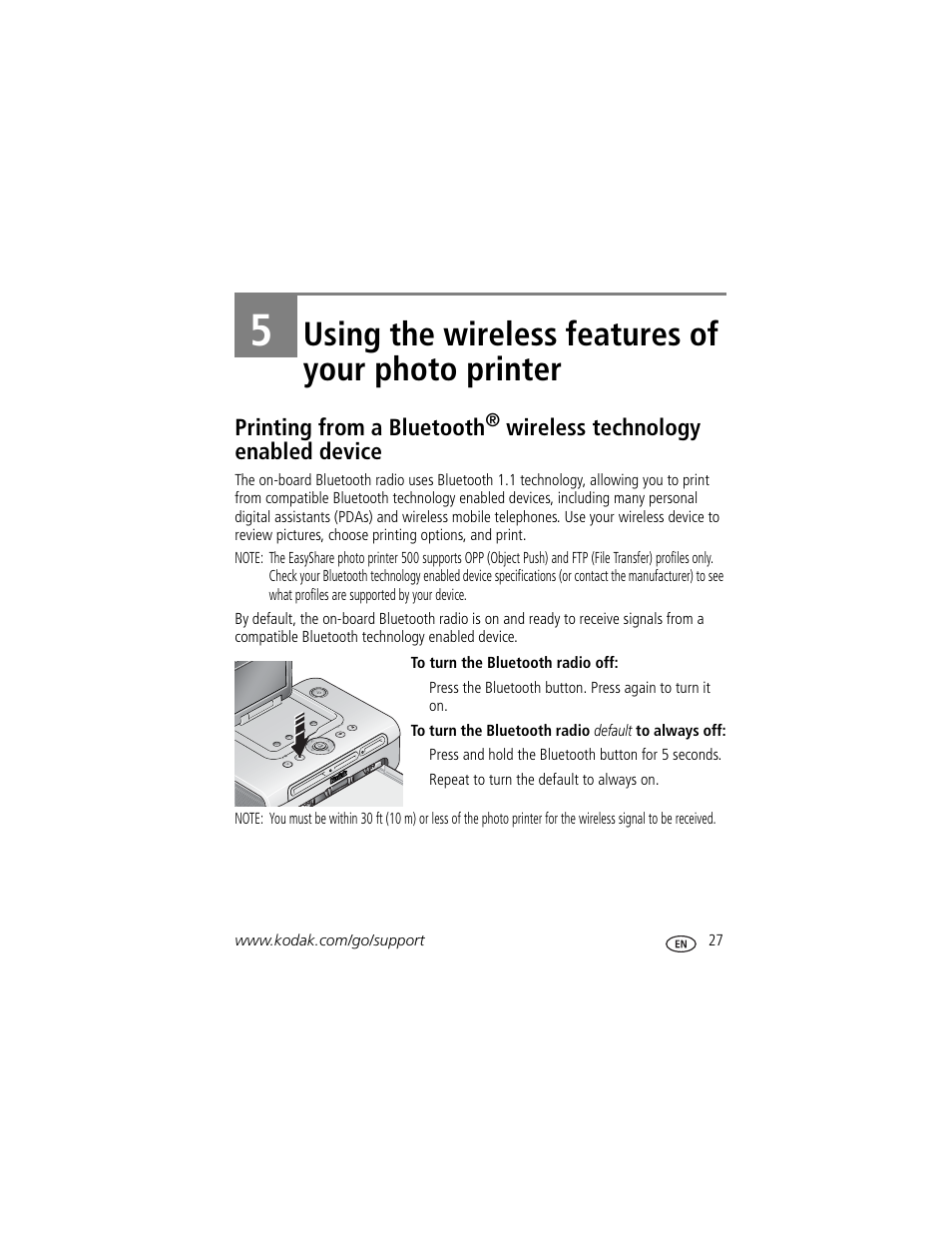 Using the wireless features of your photo printer, Printing from a bluetooth, Wireless technology enabled device | Kodak 500 User Manual | Page 33 / 71