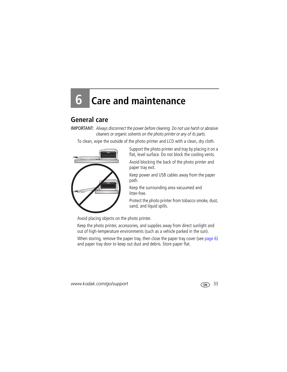 Care and maintenance, General care, 6 care and maintenance | Kodak 500 User Manual | Page 39 / 71