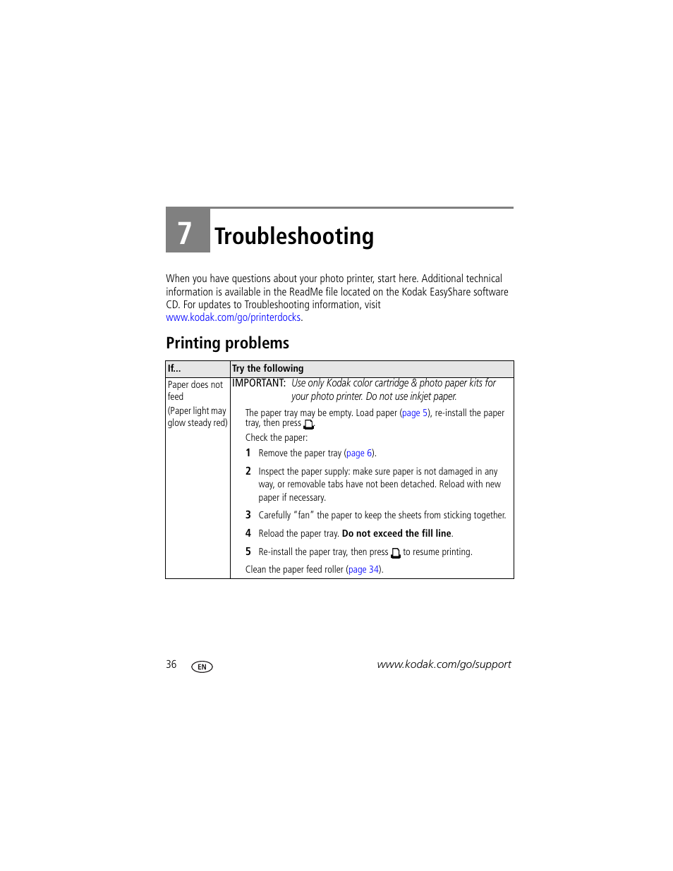 Troubleshooting, Printing problems, 7 troubleshooting | Kodak 500 User Manual | Page 42 / 71