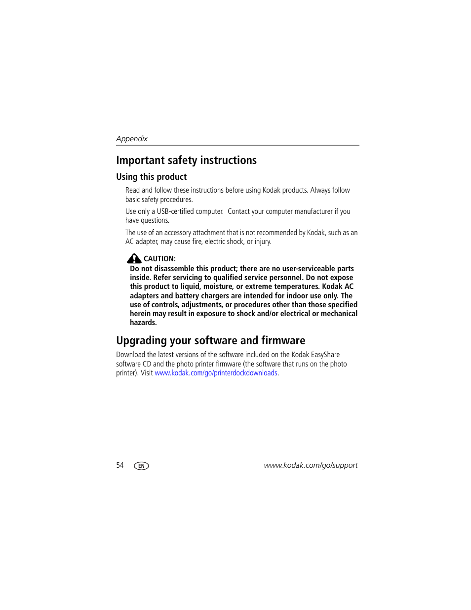 Important safety instructions, Using this product, Upgrading your software and firmware | Kodak 500 User Manual | Page 60 / 71