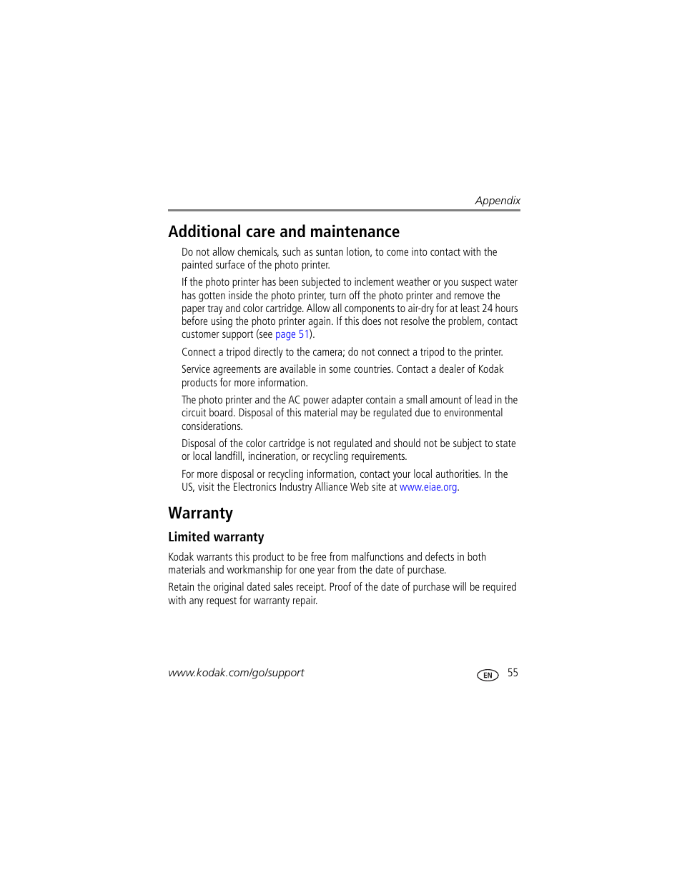 Additional care and maintenance, Warranty, Limited warranty | Additional care and maintenance warranty | Kodak 500 User Manual | Page 61 / 71
