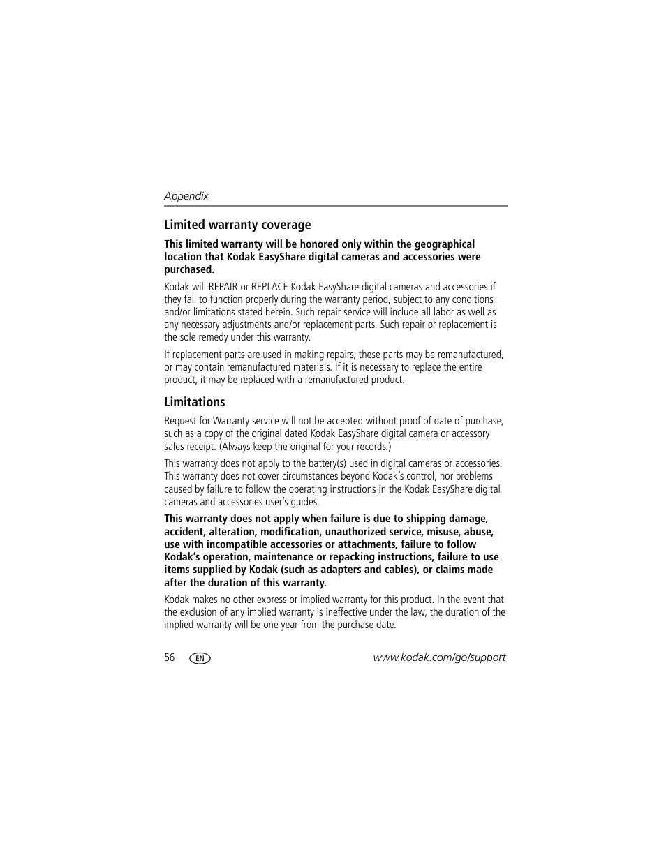 Limited warranty coverage, Limitations | Kodak 500 User Manual | Page 62 / 71