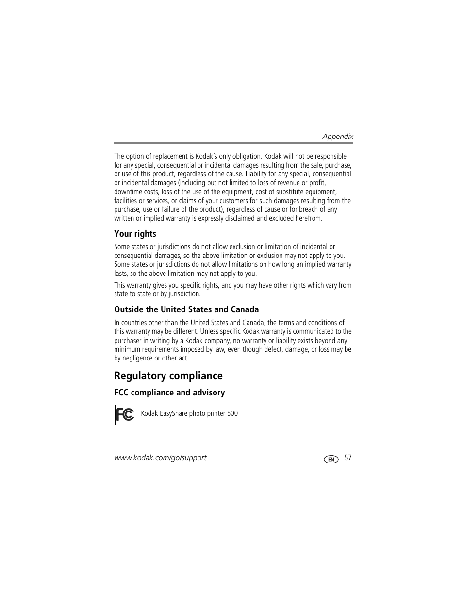 Your rights, Outside the united states and canada, Regulatory compliance | Fcc compliance and advisory | Kodak 500 User Manual | Page 63 / 71