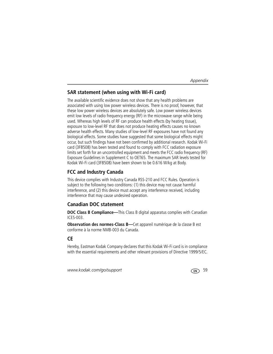 Sar statement (when using with wi-fi card), Fcc and industry canada, Canadian doc statement | Kodak 500 User Manual | Page 65 / 71