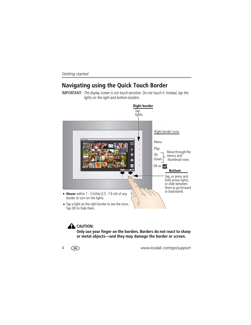 Navigating using the quick touch border | Kodak P730 User Manual | Page 10 / 52