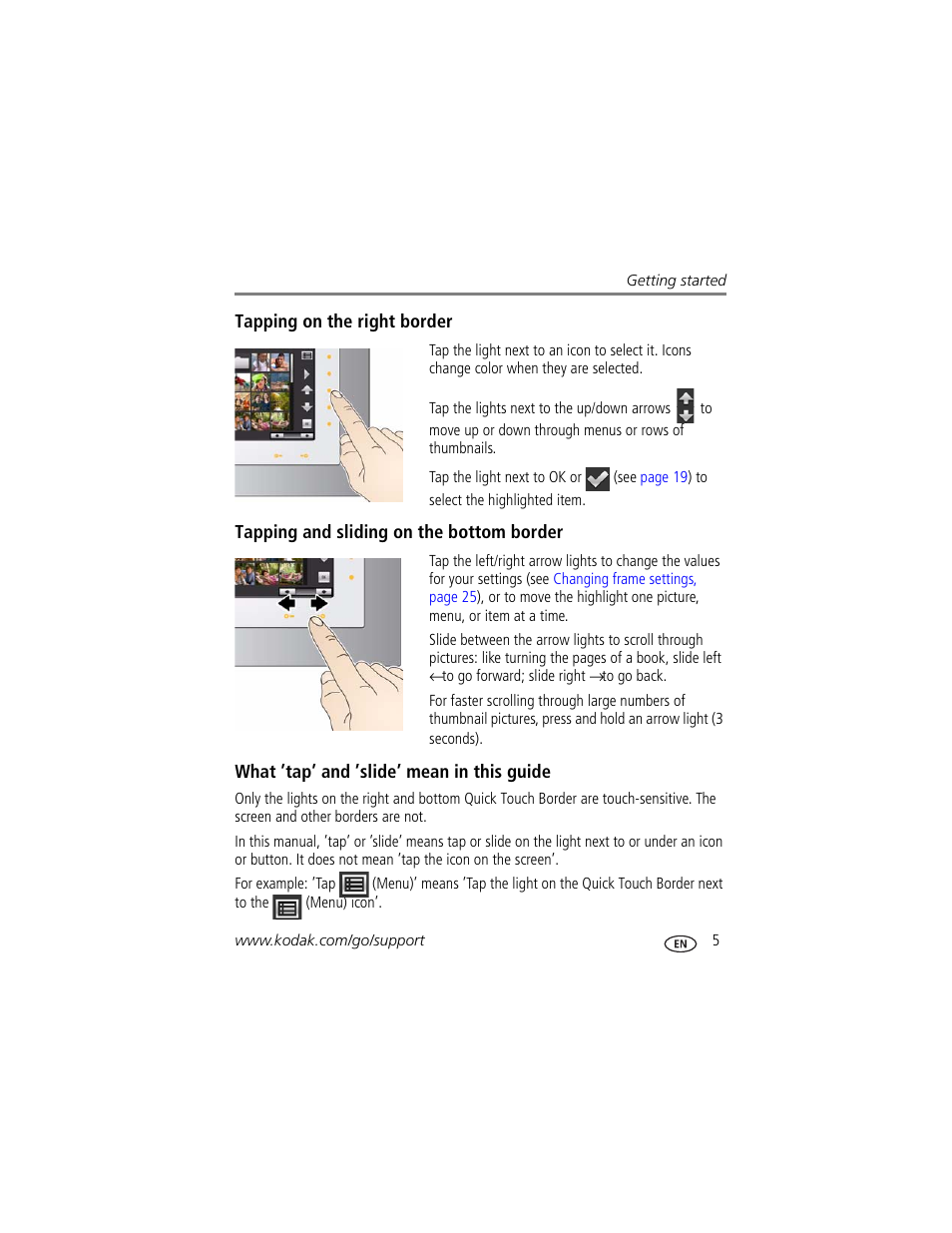 Tapping on the right border, Tapping and sliding on the bottom border, What ’tap’ and ’slide’ mean in this guide | Kodak P730 User Manual | Page 11 / 52