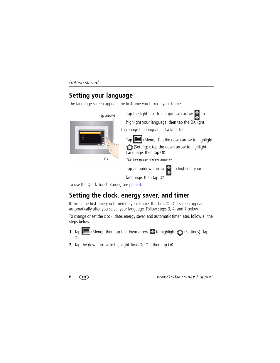 Setting your language, Setting the clock, energy saver, and timer | Kodak P730 User Manual | Page 12 / 52